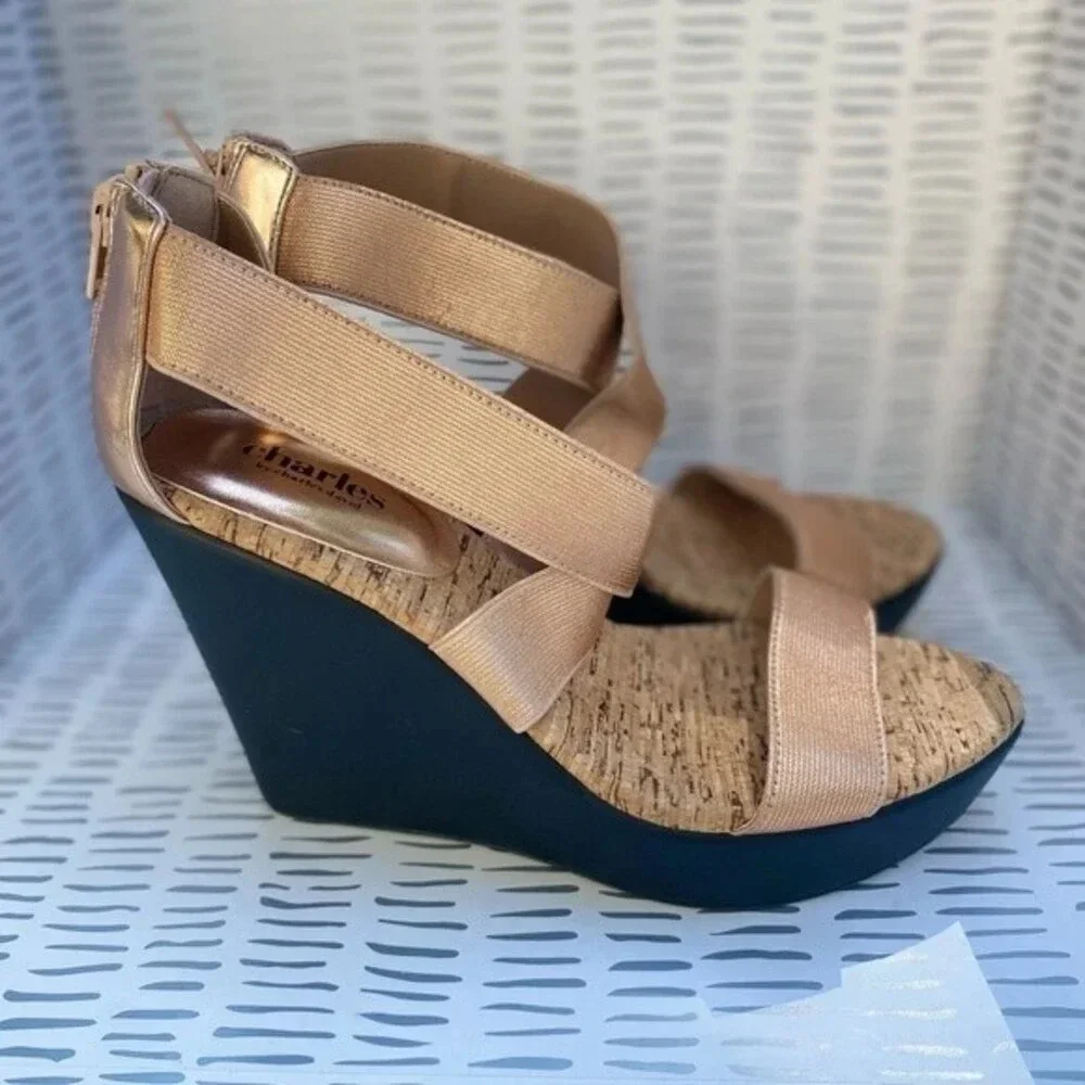 Charles by Charles David Rose Gold‎ Strappy Cork Back Zip Wedges size 8
